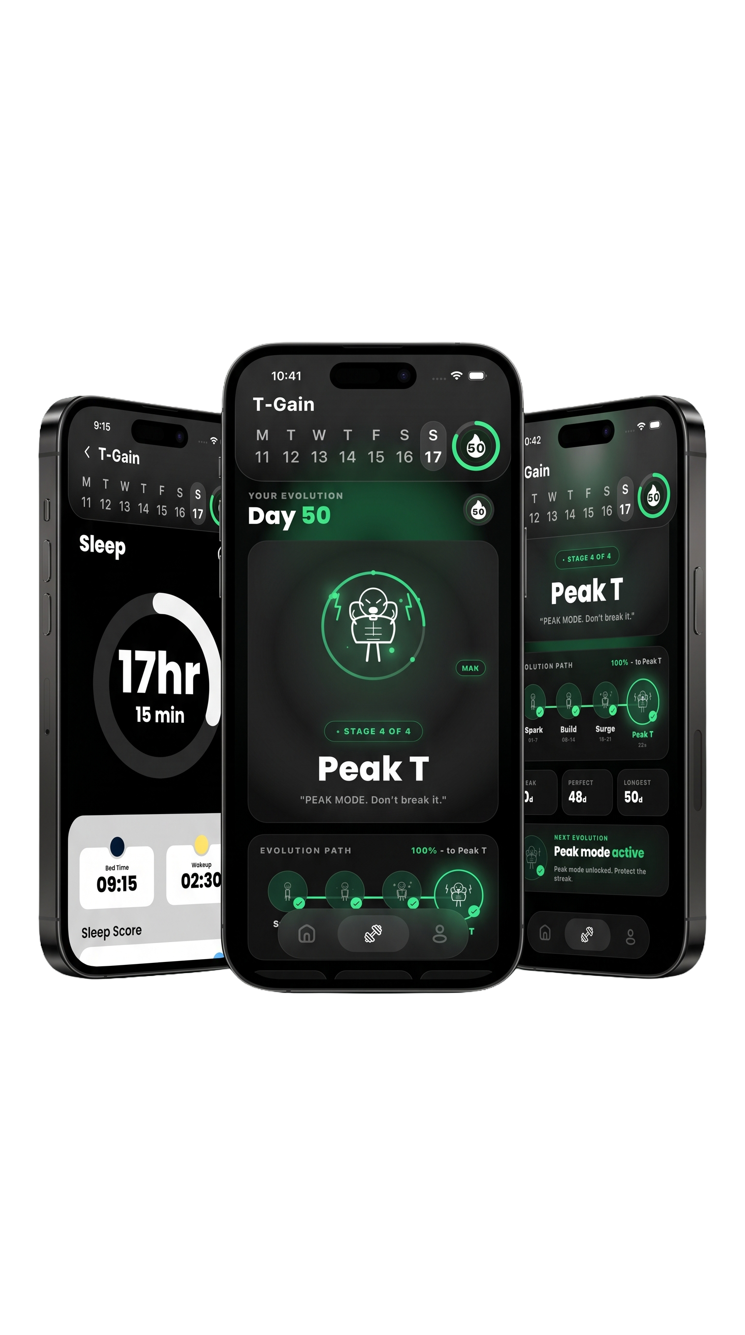 T-Gain app screens showing Sleep tracking, Peak T evolution stage, and Evolution Path